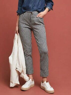 Anthropologie The Essential Crop Flare Gingham Crop Pants Black White 4 Small